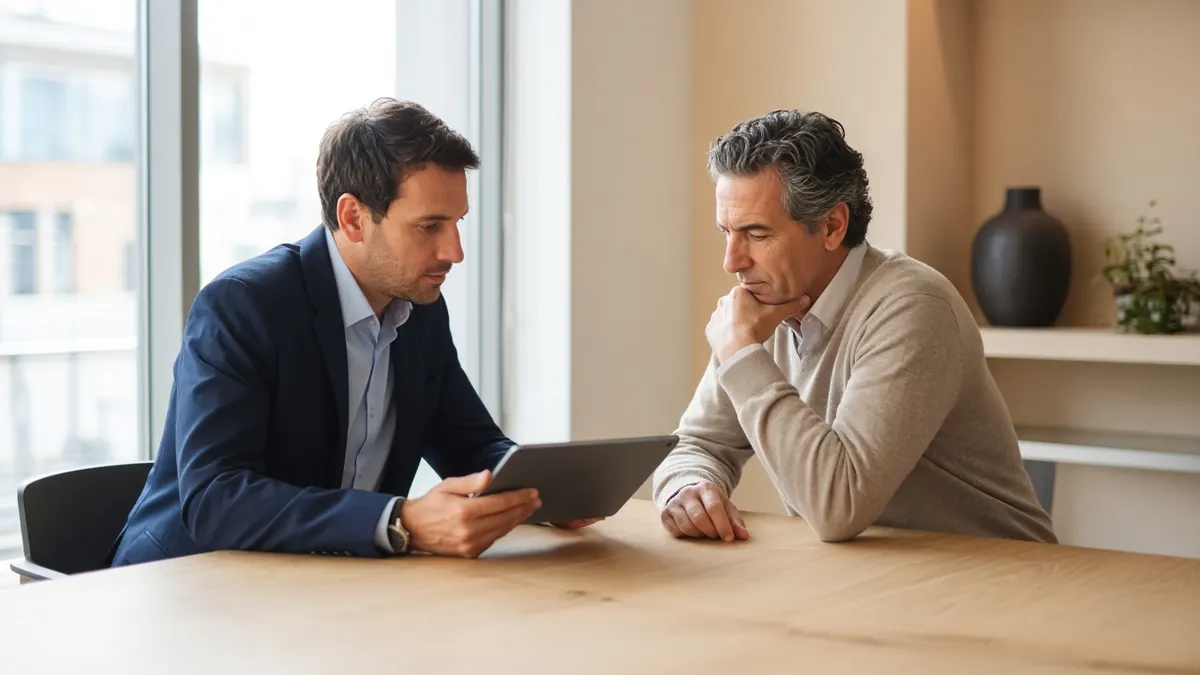 An advisor reviewing a tablet with a client at a bright meeting table