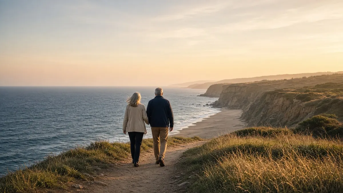 A couple walking a coastal path at golden hour