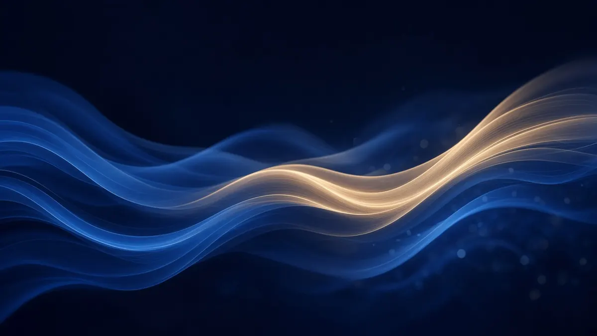 Flowing ribbons of navy and sand-coloured light on a dark background